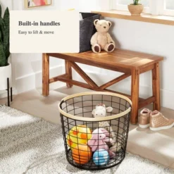 Round Black Wire With Natural Wood Handles Floor Basket - Brightroom™ -Home decor GUEST 531efaff 169e 49d9 b5e7 00e6d8495d4f