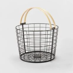 Round Black Wire With Natural Wood Handles Floor Basket - Brightroom™ -Home decor GUEST 96a85611 d85f 4469 95c9 38a133b60f86