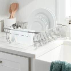 Large Steel Dish Drainer Brushed Nickel - Brightroom™: Freestanding Dish Drying Rack With Utensil Holder